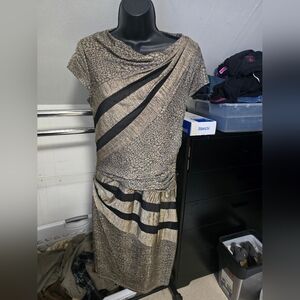 Betsey Johnson- Black & Gold- Assymetrical Stripe & Snake Print Dress- Sz 10